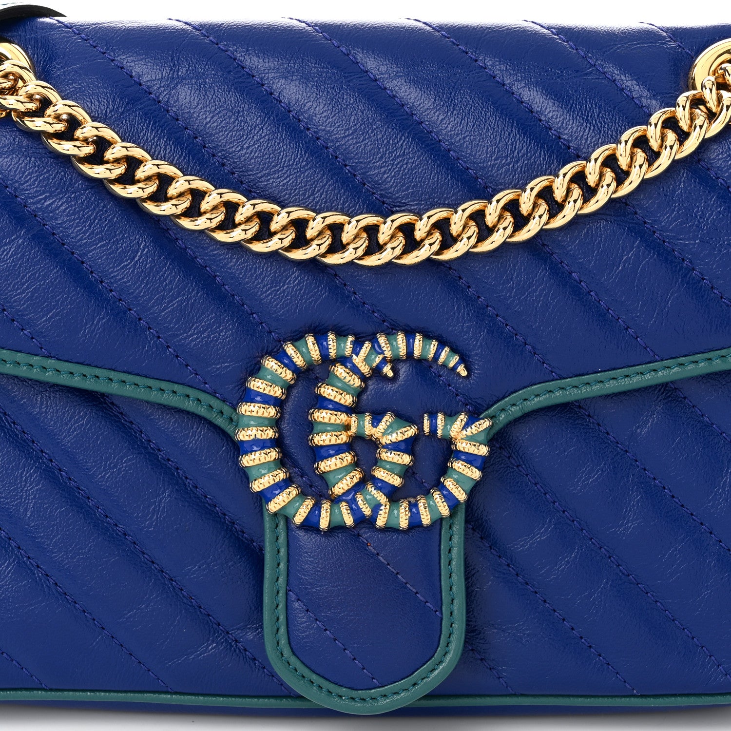 Gucci Azalea Calfskin Enamel Matelasse Diagonal Small Torchon GG Marmont Shoulder Bag Imperial Blue Pavone 8 of 10