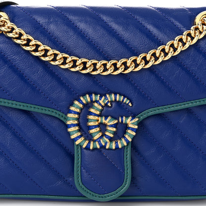 Gucci Azalea Calfskin Enamel Matelasse Diagonal Small Torchon GG Marmont Shoulder Bag Imperial Blue Pavone 8 of 10