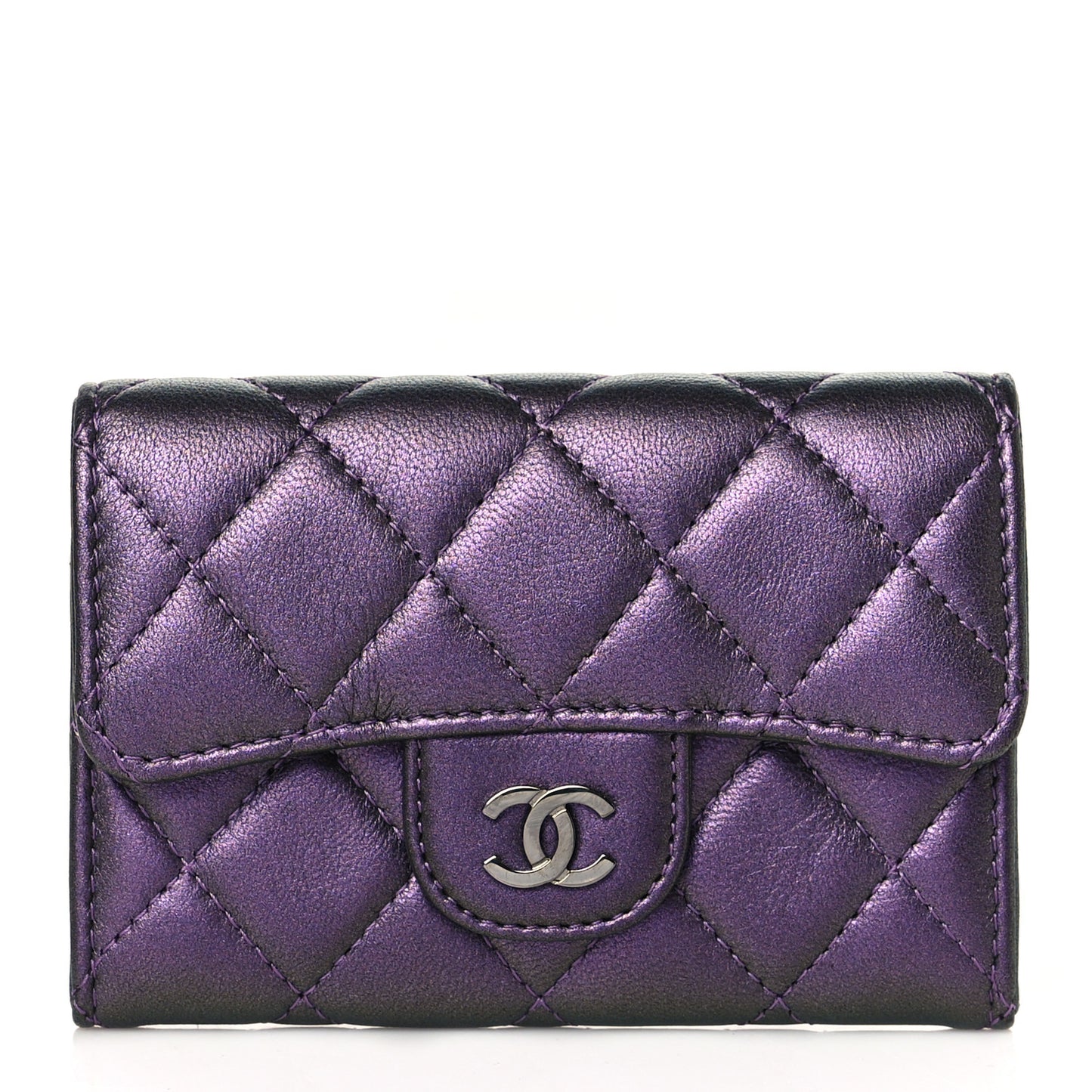 Iridescent Lambskin Quilted Flap Card Holder Purple