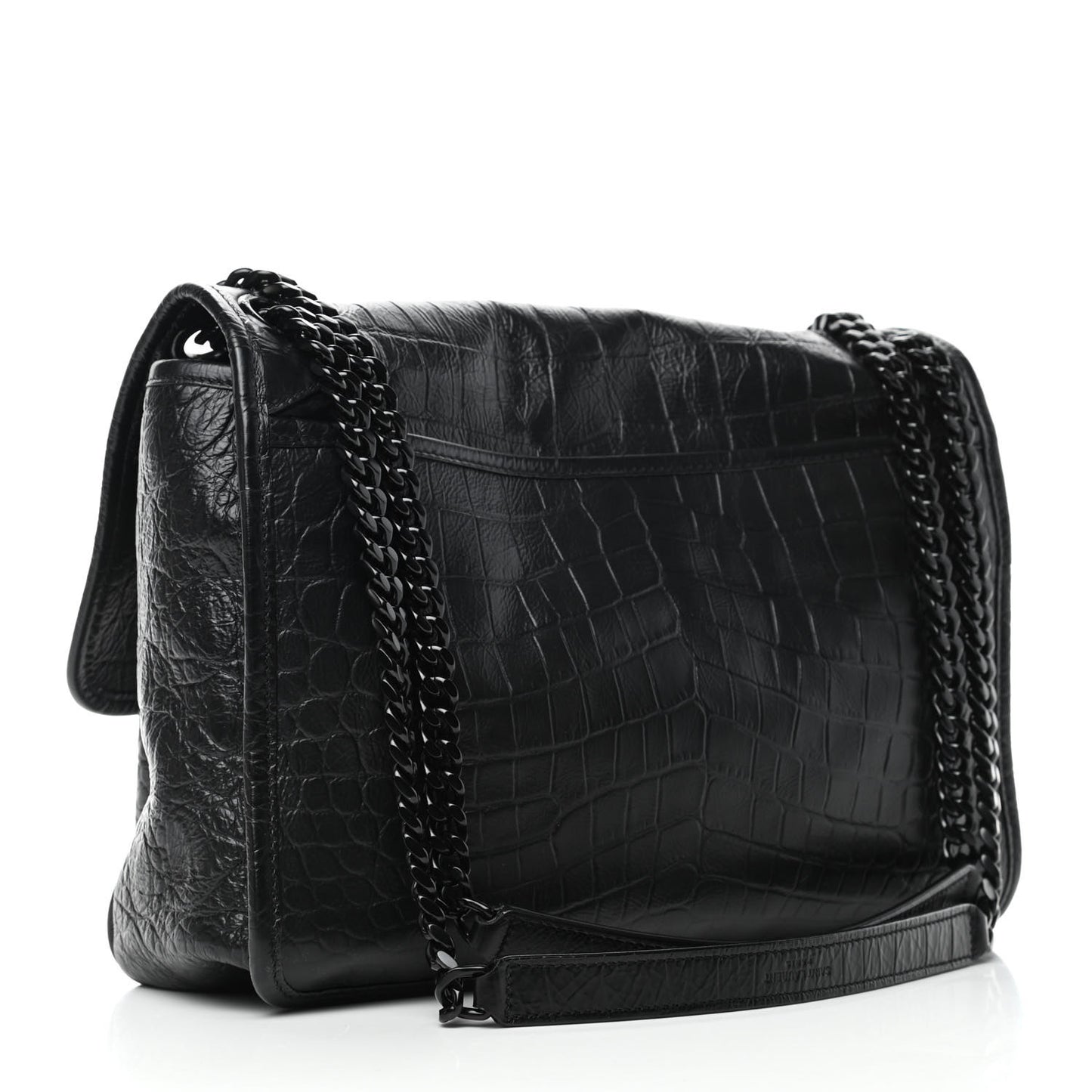 Crocodile Embossed Lambskin Monogram Medium Niki Chain Satchel Black