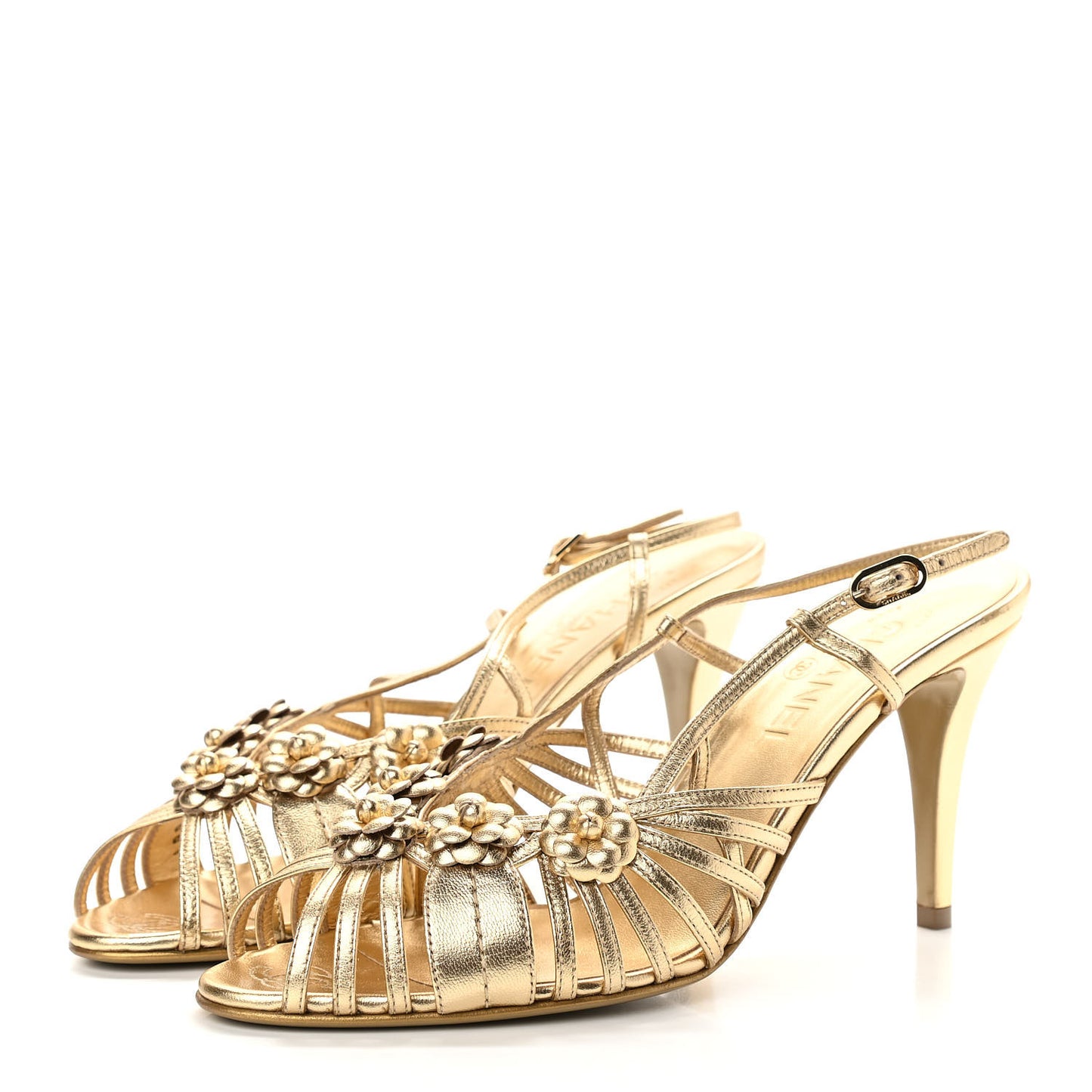 Laminated Lambskin Camellia Sandals 39 Gold