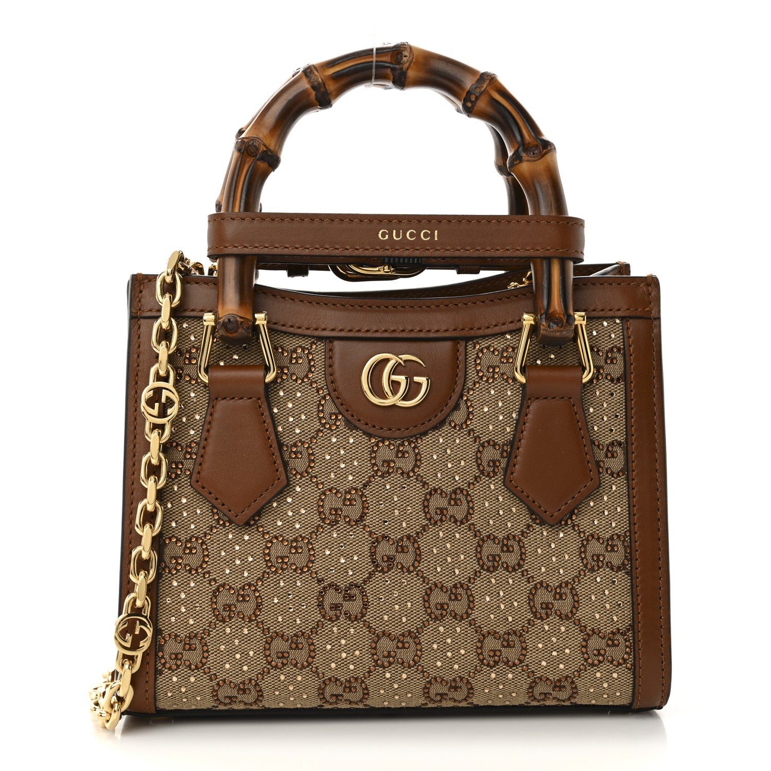 Gucci New Canvas Charisma Calfskin Crystal GG Monogram Mini Diana Tote Bag Camel Ebony 2 of 28