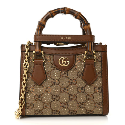 Gucci New Canvas Charisma Calfskin Crystal GG Monogram Mini Diana Tote Bag Camel Ebony 2 of 28