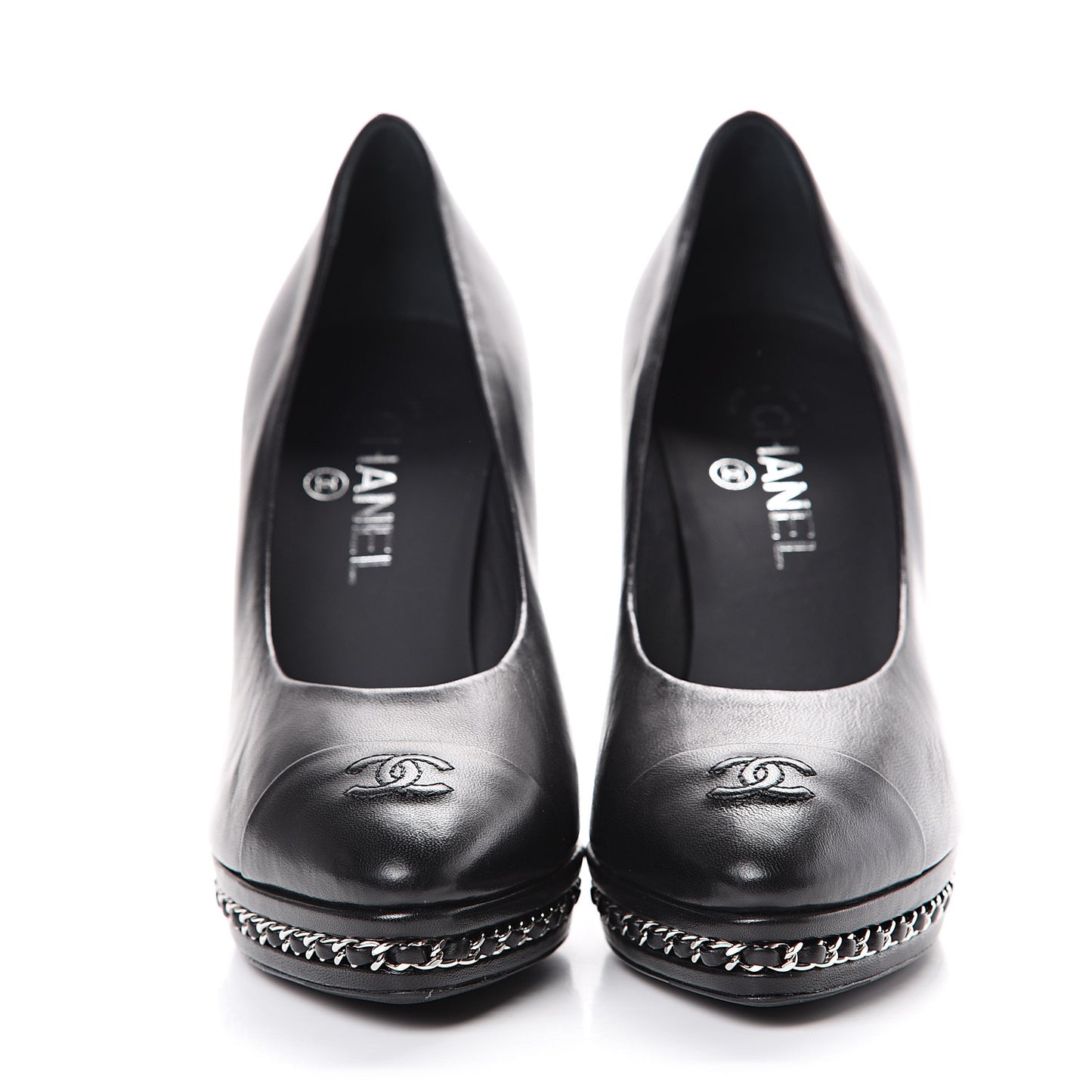Lambskin CC Cap Toe Platform Chain Pumps 39 Black