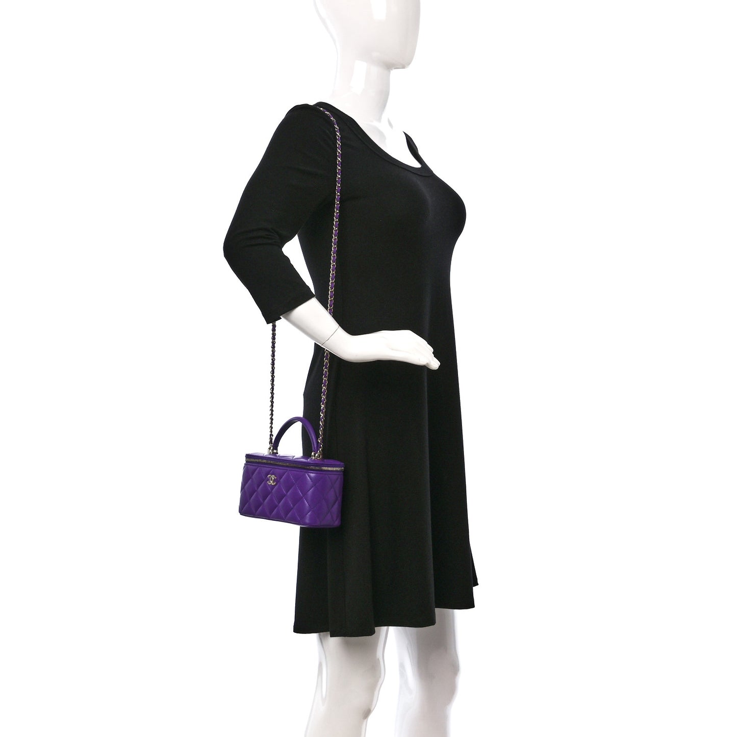 Lambskin Quilted Small Top Handle Vanity Case With Chain Purple