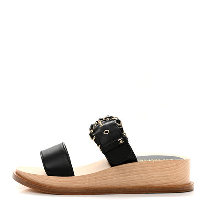 Chanel Calfskin Wood Buckle Sandals 36 Black 1 of 10