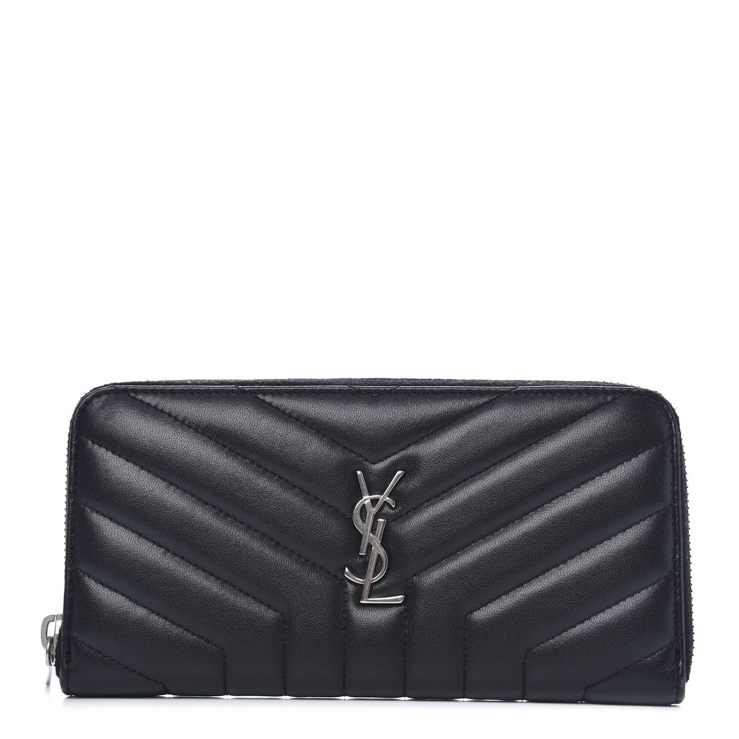 Saint Laurent Calfskin Matelasse Chevron Monogram Zip Around Wallet Black 1 of 8
