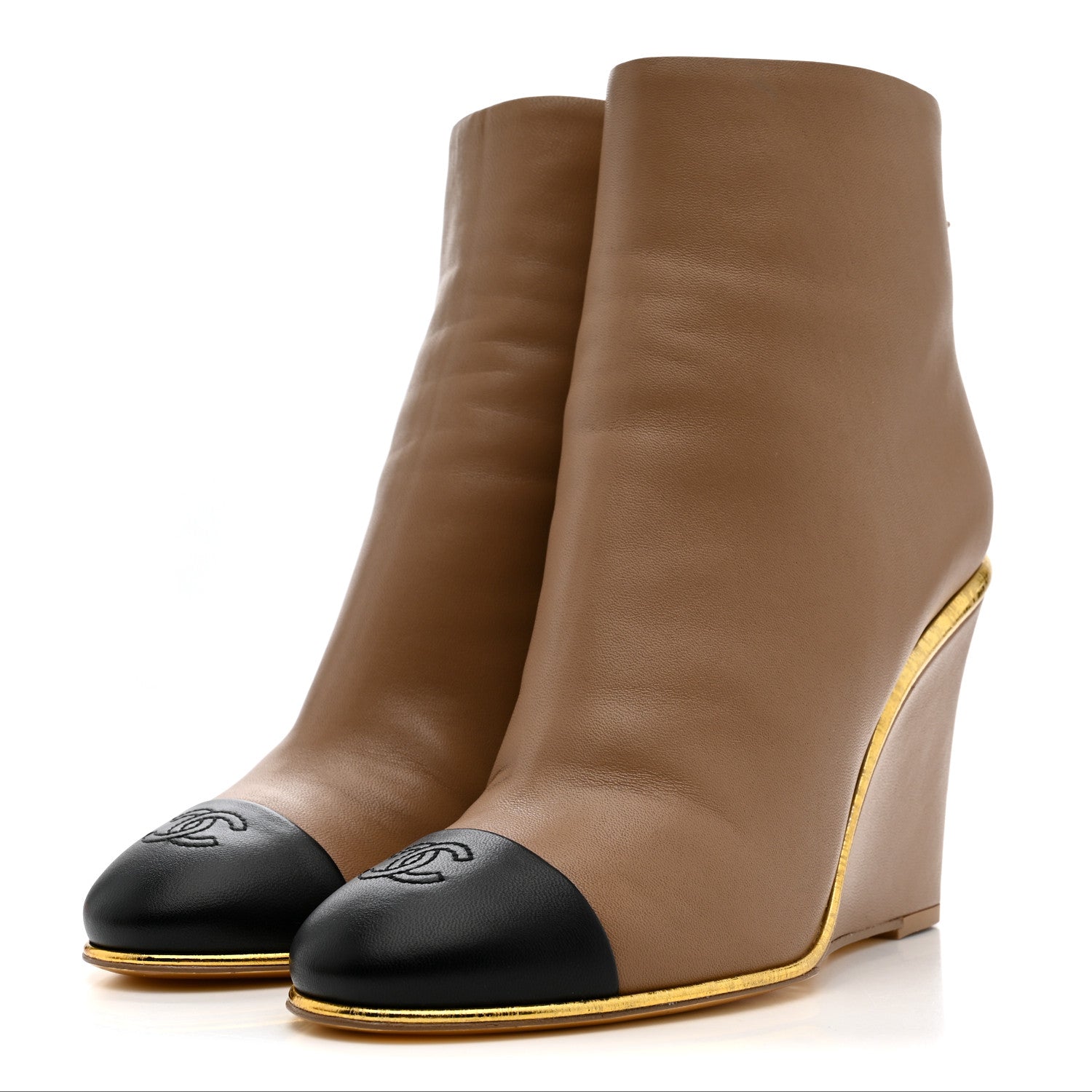 Chanel Lambskin Cap Toe Open Wedge Ankle Boots 38.5 Beige Black