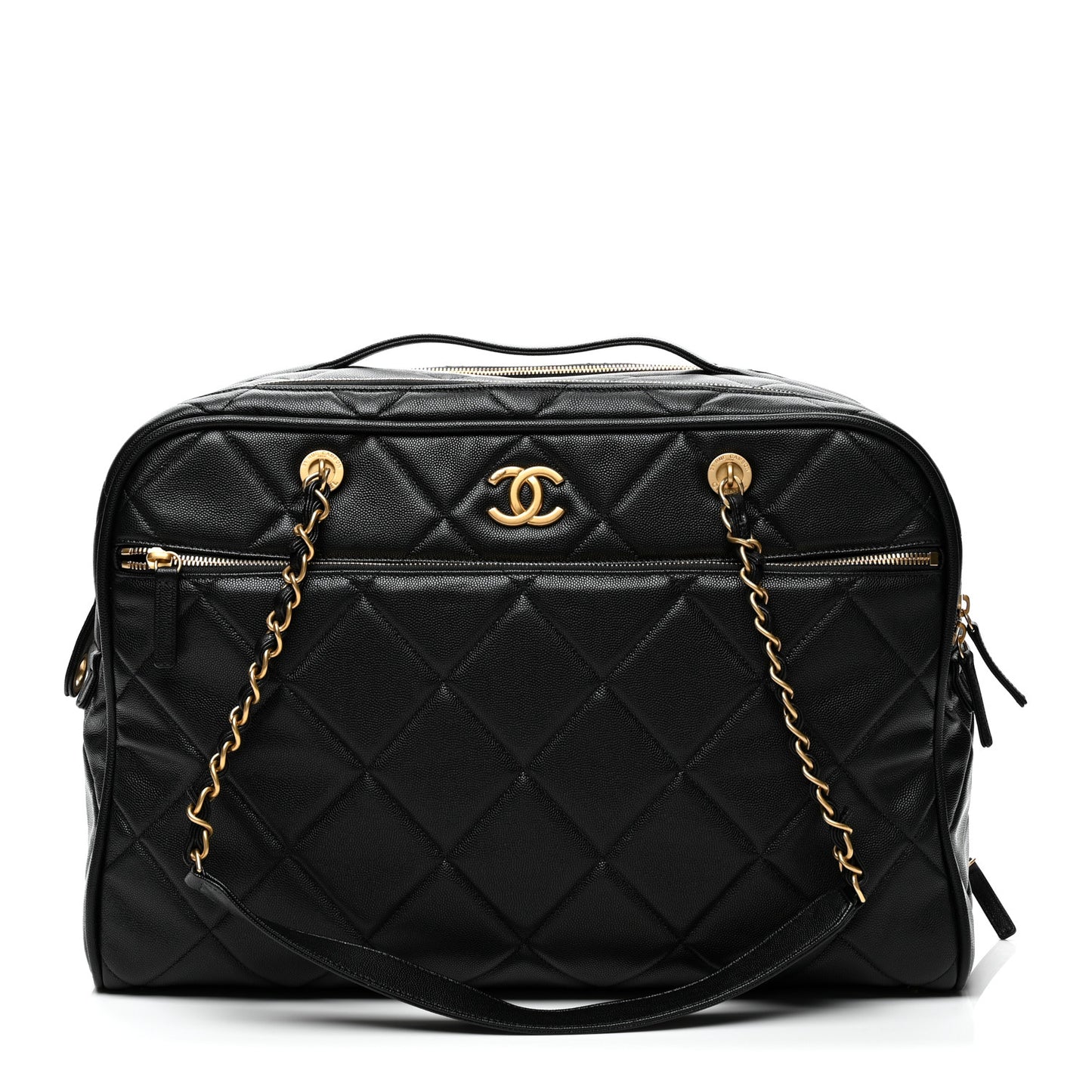 Shiny Grained Calfskin Quilted Travel Bowling Bag Black