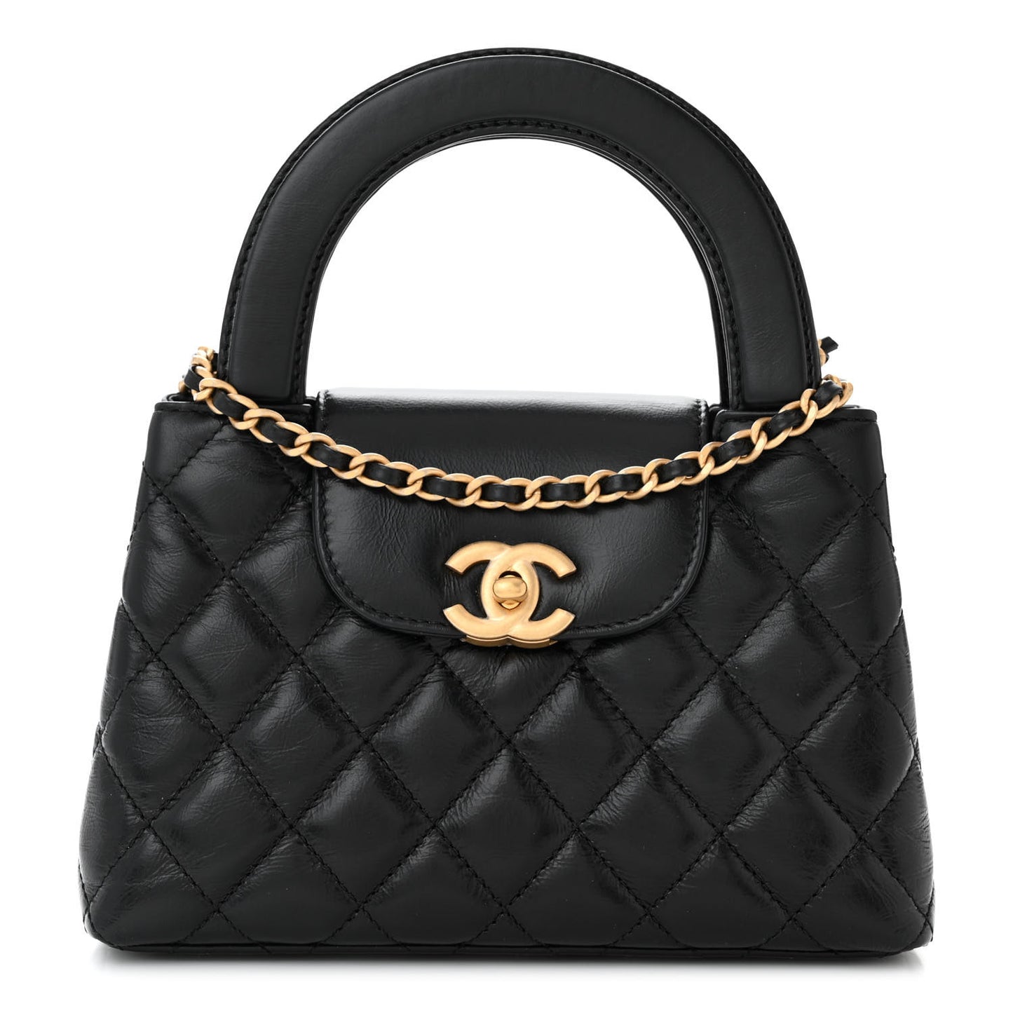 Shiny Aged Calfskin Quilted Nano Kelly Shopper Black