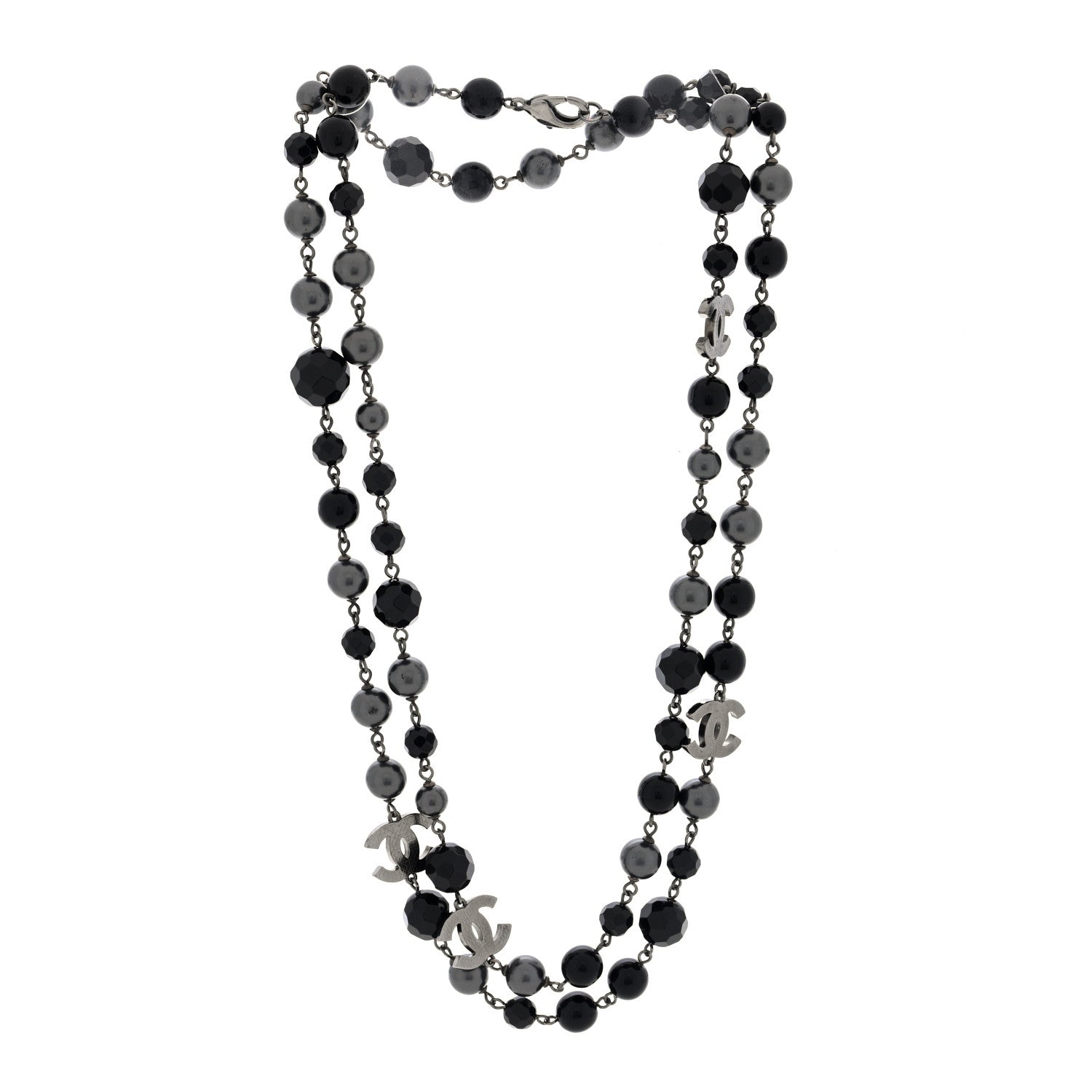 Chanel Pearl Bead Enamel CC Long Necklace Silver Black Grey 3 of 5