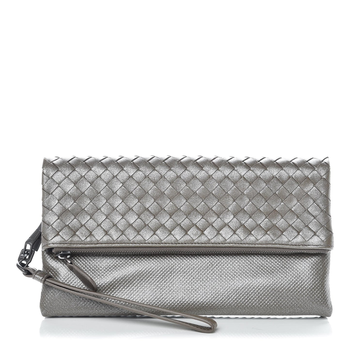 Metallic Nappa Intrecciato Flap Wristlet Light Grey