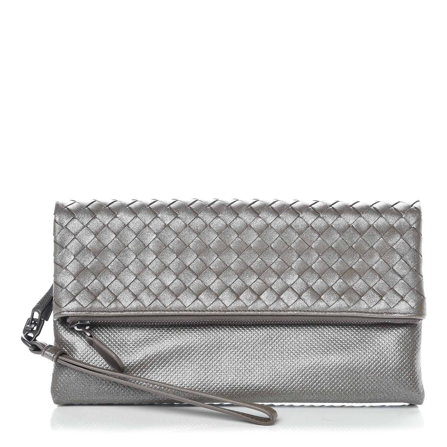 Bottega Veneta Metallic Nappa Intrecciato Flap Wristlet Light Grey 1 of 8