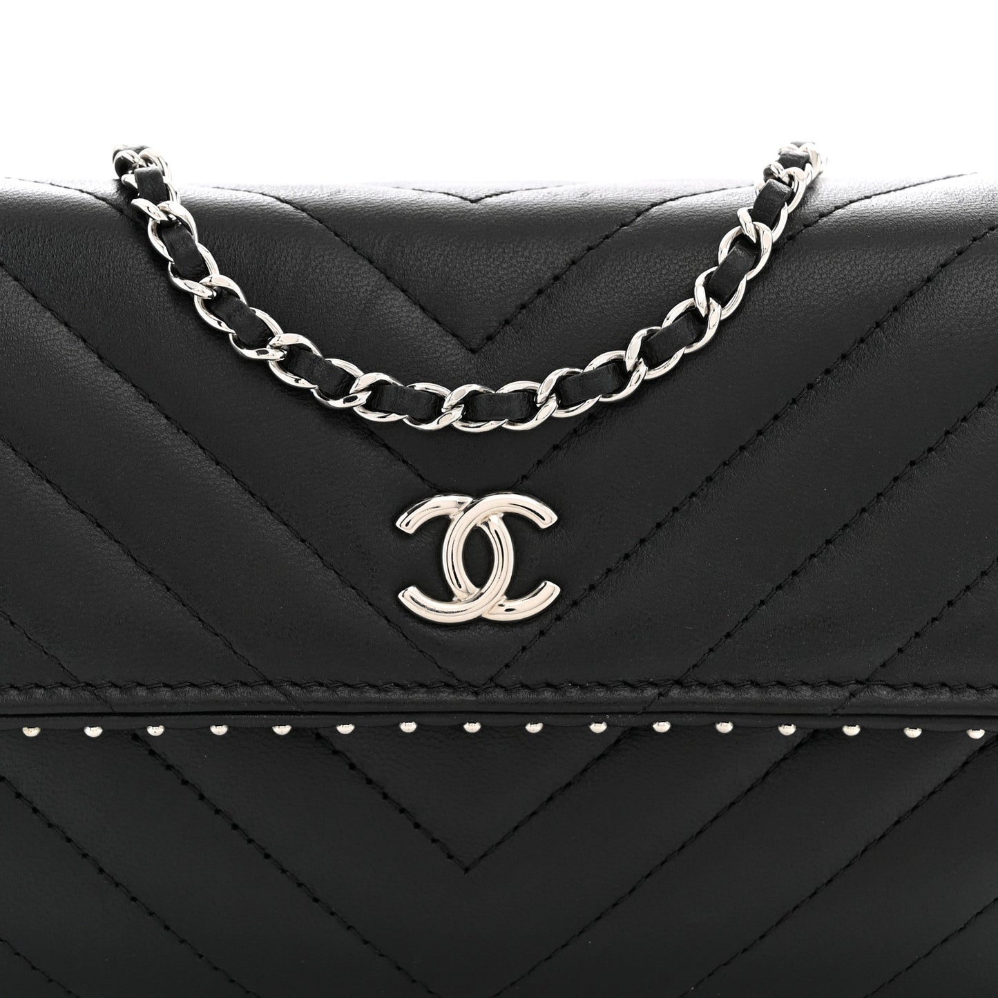 Lambskin Chevron Quilted Studded Wallet On Chain WOC Black