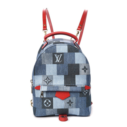 Louis Vuitton Denim Damier Monogram Patchwork Palm Springs Backpack Mini Blue Rouge 1 of 9