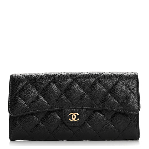 Caviar Quilted Large Gusset Flap Wallet Black