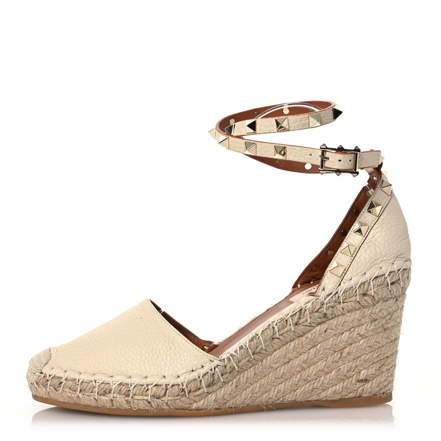 Grained Calfskin Rockstud Ankle Wrap Espadrille 15/85mm Wedges 38 Light Ivory
