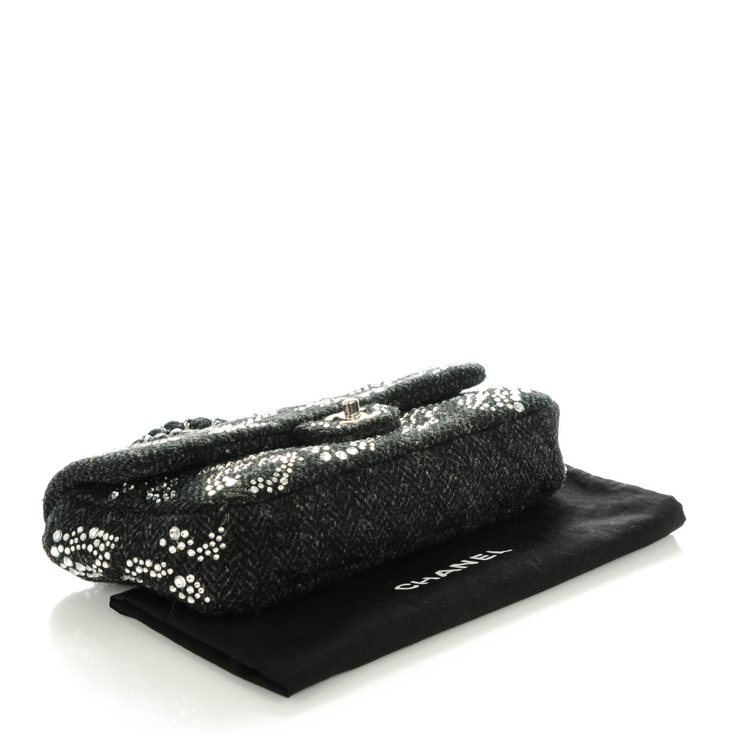 Tweed Medium Rhinestone Embellished Single Flap Black