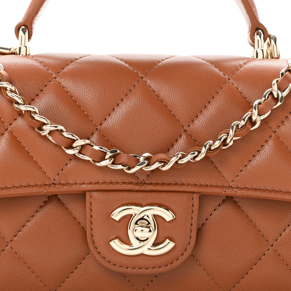 Lambskin Quilted Top Handle Long Clutch With Chain Brown