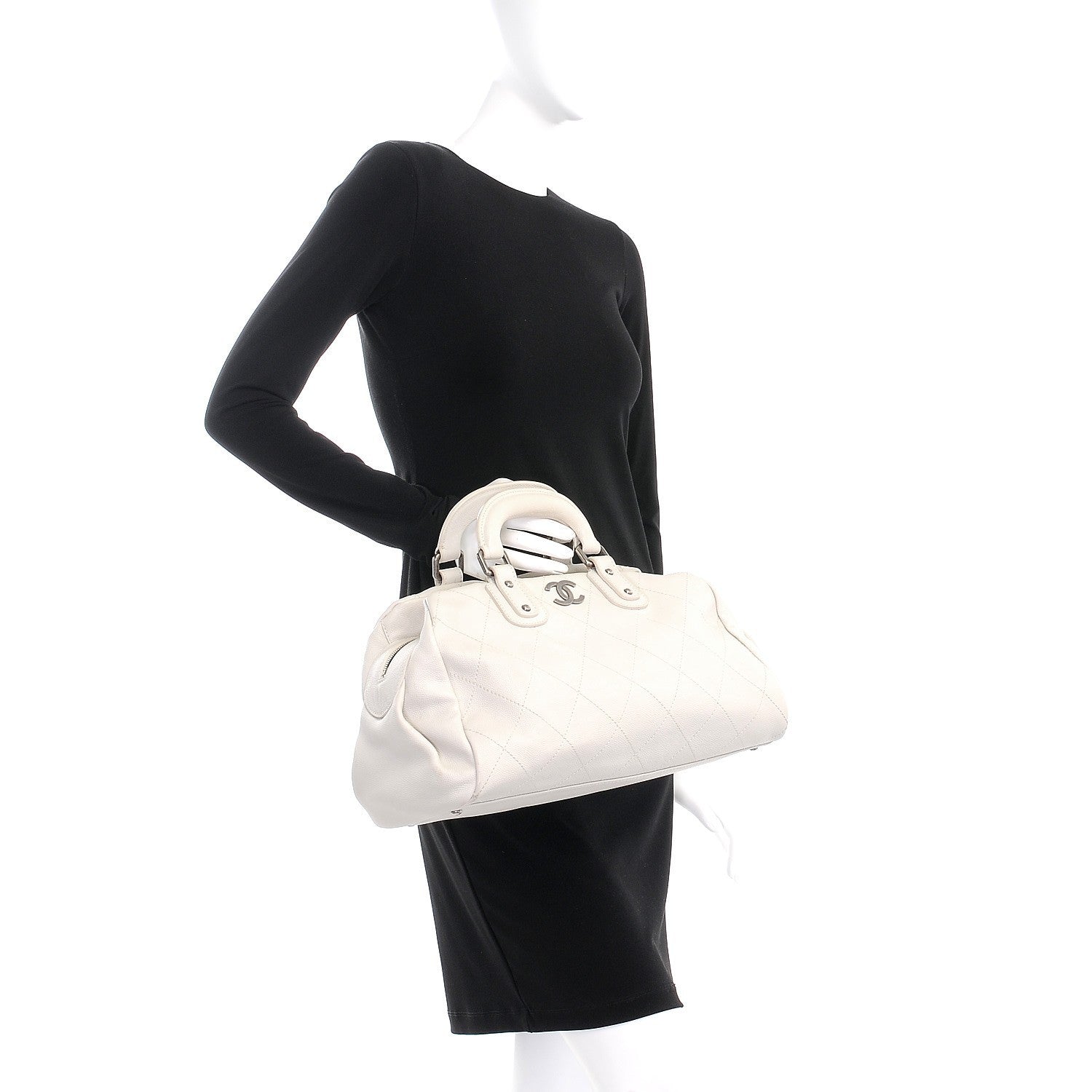 Chanel Caviar Quilted Bowler Tote White 2 of 8