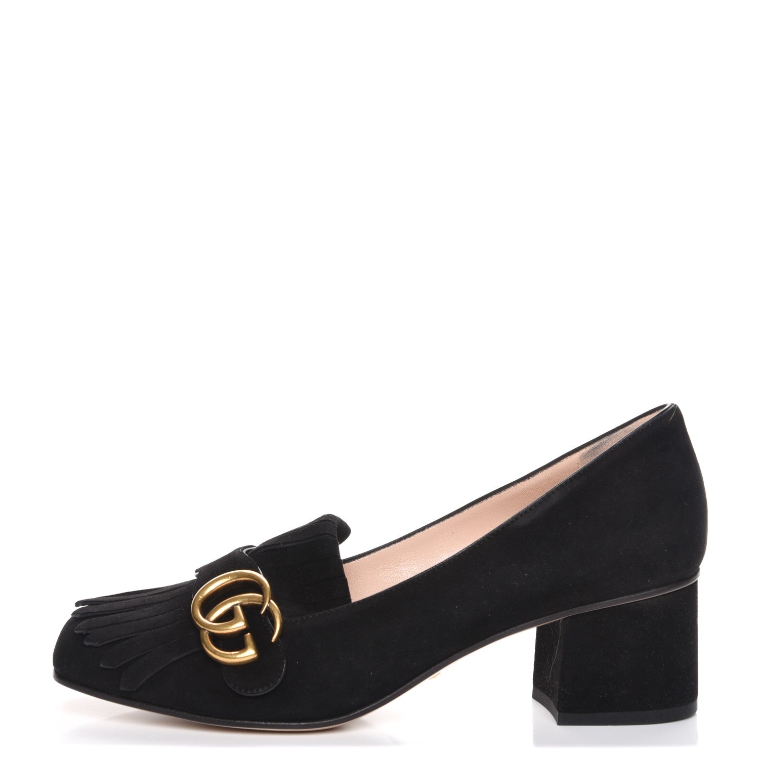 Gucci Kid Scamosciato GG Marmont Fringe 50mm Loafer Pumps 38.5 Black 1 of 8