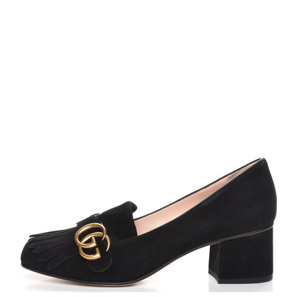 Gucci Kid Scamosciato GG Marmont Fringe 50mm Loafer Pumps 38.5 Black 1 of 8