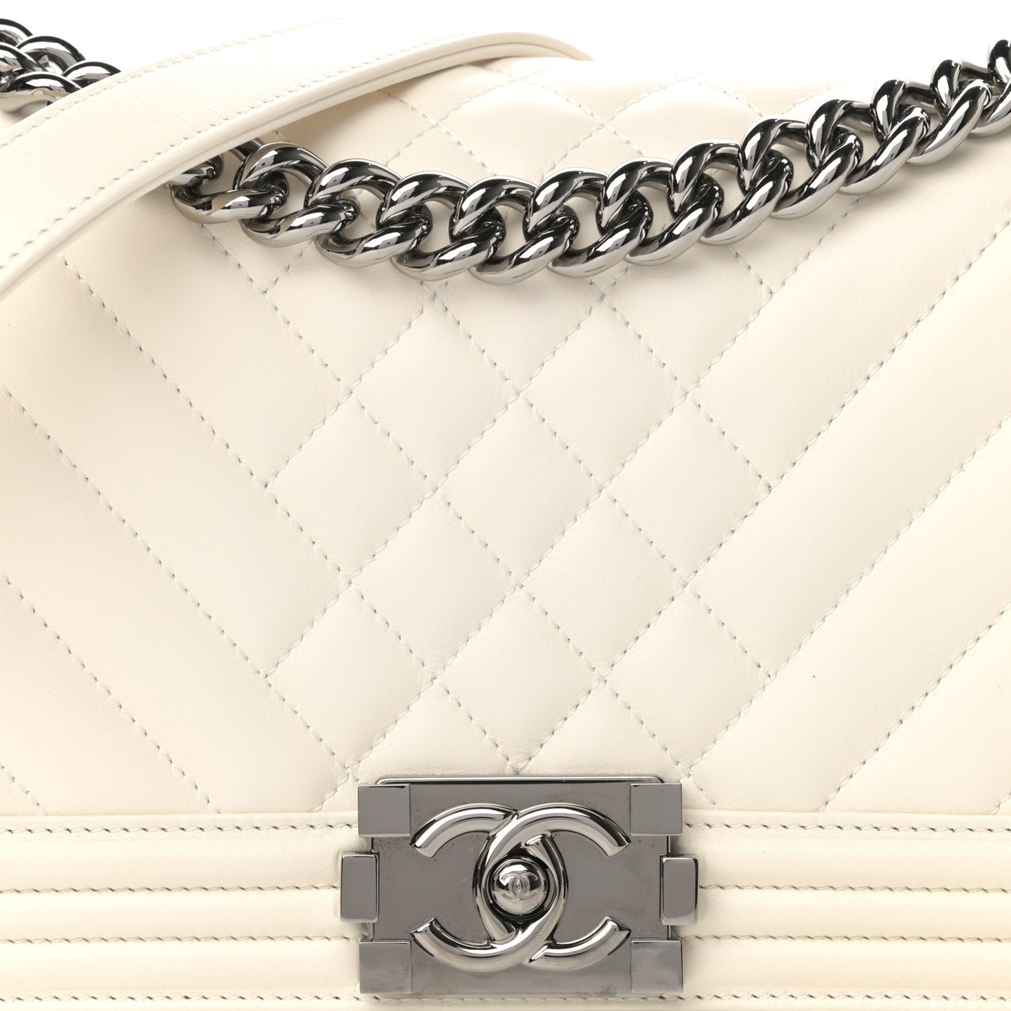 Lambskin Quilted Chevron Medium Boy Flap White
