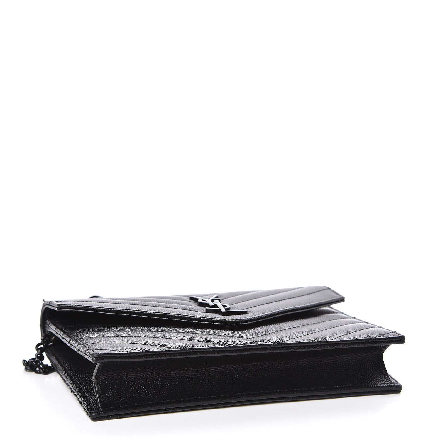 Saint Laurent Grain De Poudre Matelasse Chevron Monogram Envelope Chain Wallet Black 4 of 11
