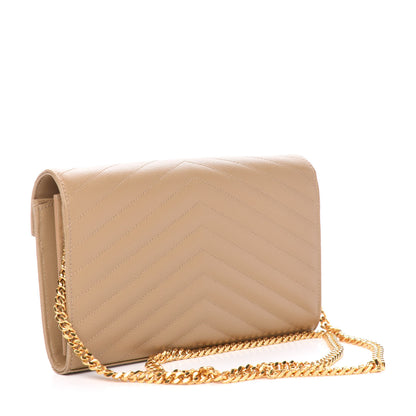 Saint Laurent Grain De Poudre Matelasse Chevron Monogram Chain Wallet Deep Beige 3 of 10