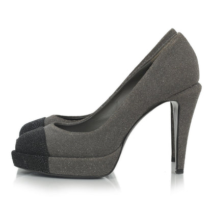 Chanel Glitter Cap Toe Platform Pumps 36 Black Grey 2 of 11