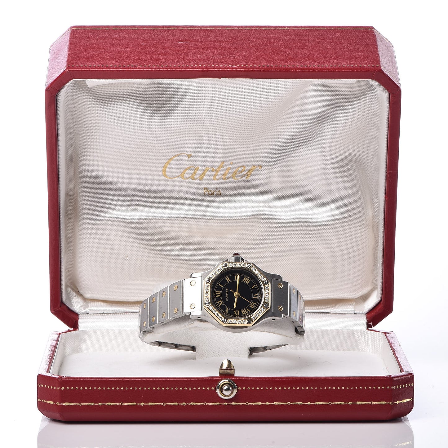 Stainless Steel 18K Yellow Gold Diamond 25mm Santos Octagon Automatic Watch Black