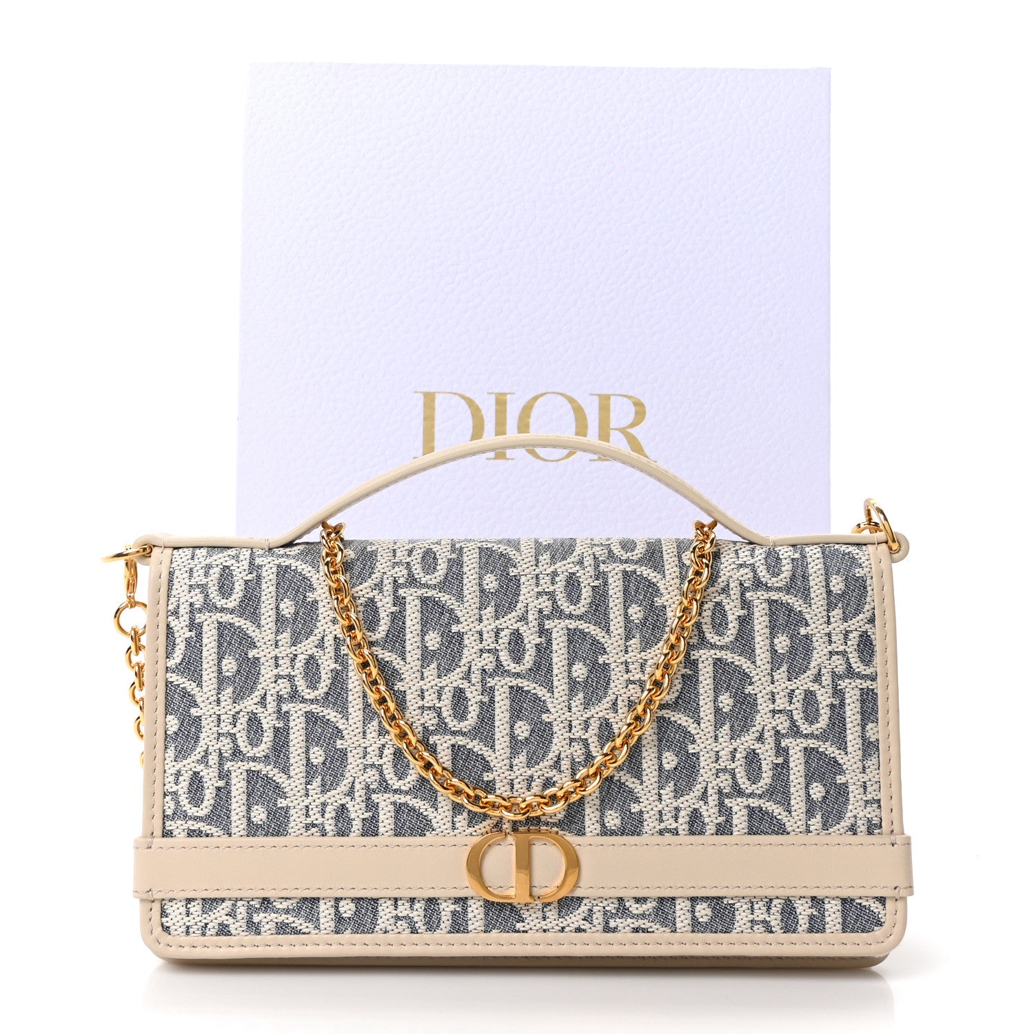 Christian Dior Oblique Chambray 30 Montaigne Cigale Pouch With Chain Blue Light Biscuit 21 of 21