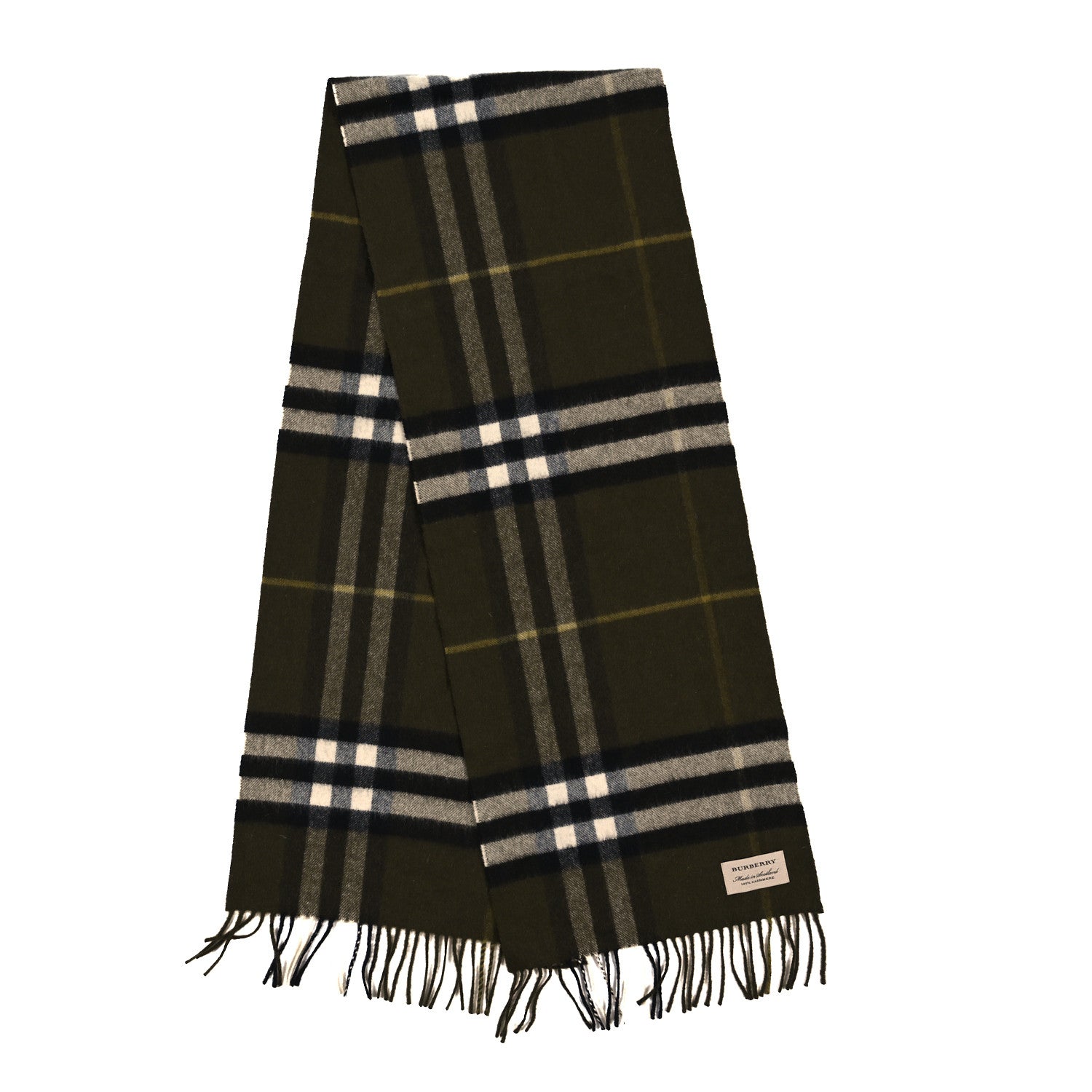 Burberry Cashmere Giant Check Fringe Scarf Olive Green 2 of 3
