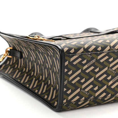 Versace Coated Canvas Calfskin La Greca Signature Tote Bag Black Khaki 9 of 10
