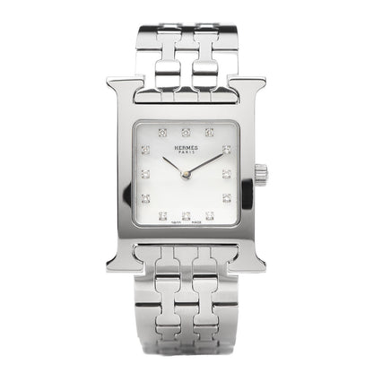 Hermes Stainless Steel Diamond Mother of Pearl 21mm Heure H Hour Quartz Watch 1 of 5