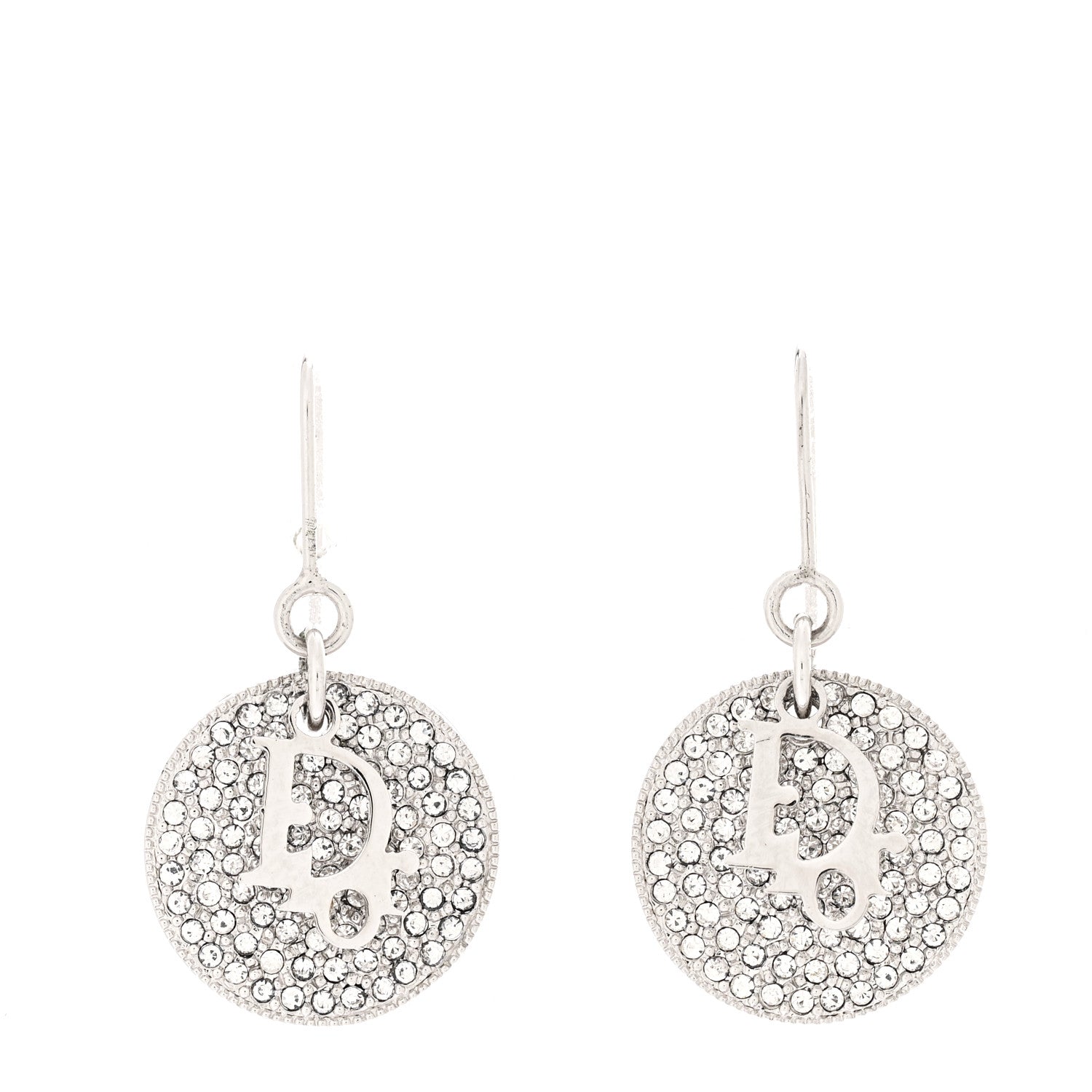 Christian Dior Metal Crystal Logo Round Drop Earrings Silver 1 of 4