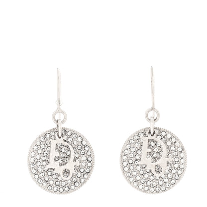Christian Dior Metal Crystal Logo Round Drop Earrings Silver 1 of 4