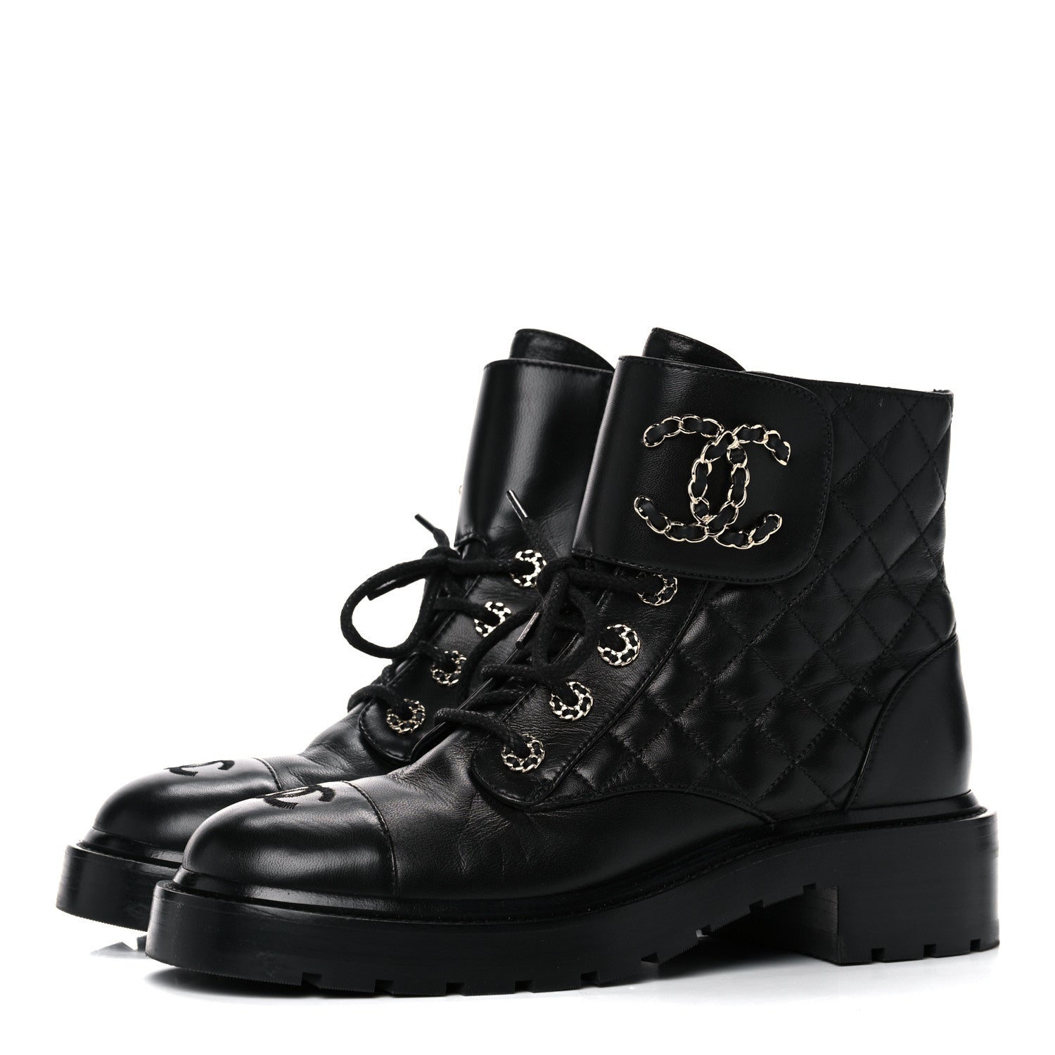 Chanel Shiny Lambskin Quilted Lace Up Combat Boots 38.5 Black 3 of 10
