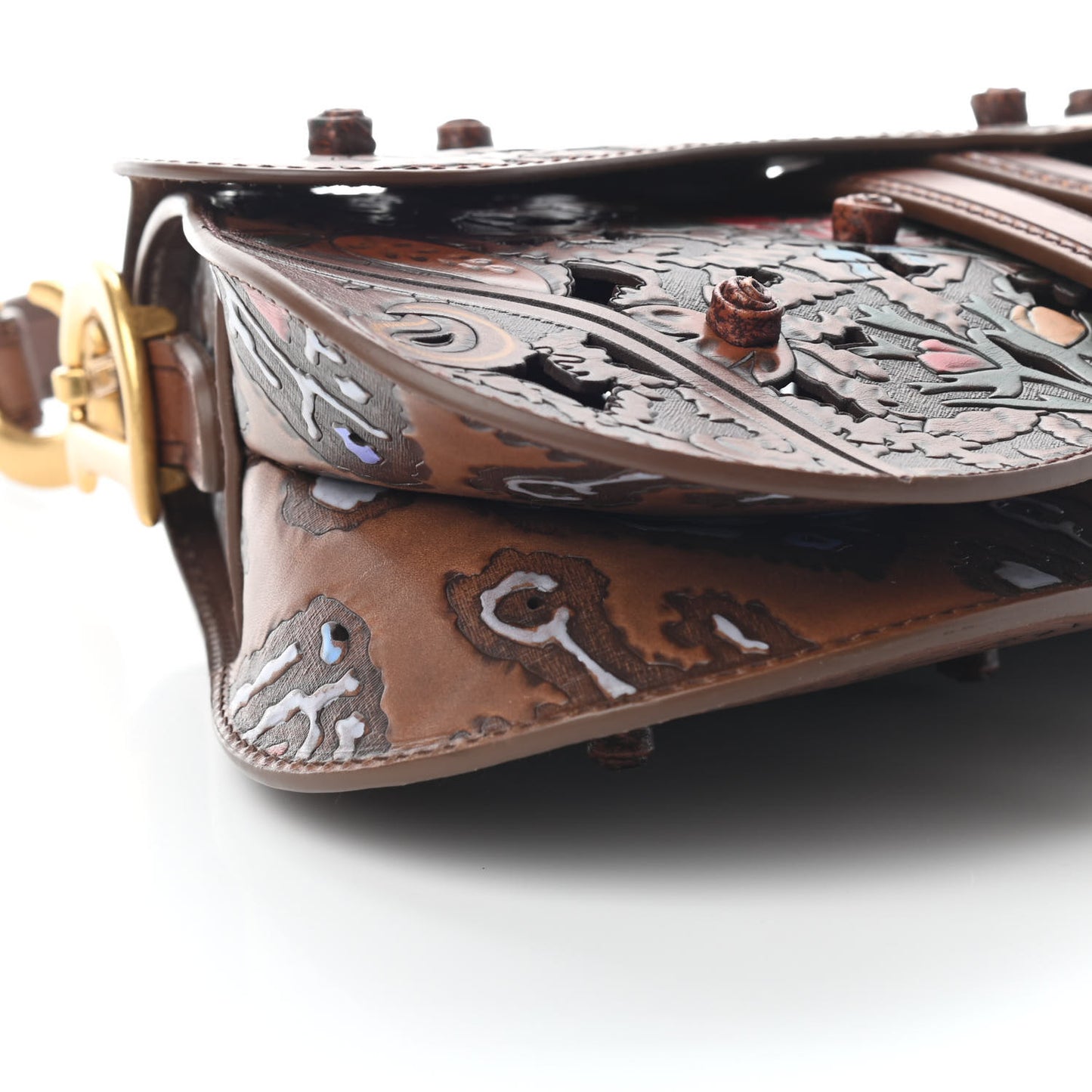 Calfskin Laser Cut Saddle Bag Brown Multicolor