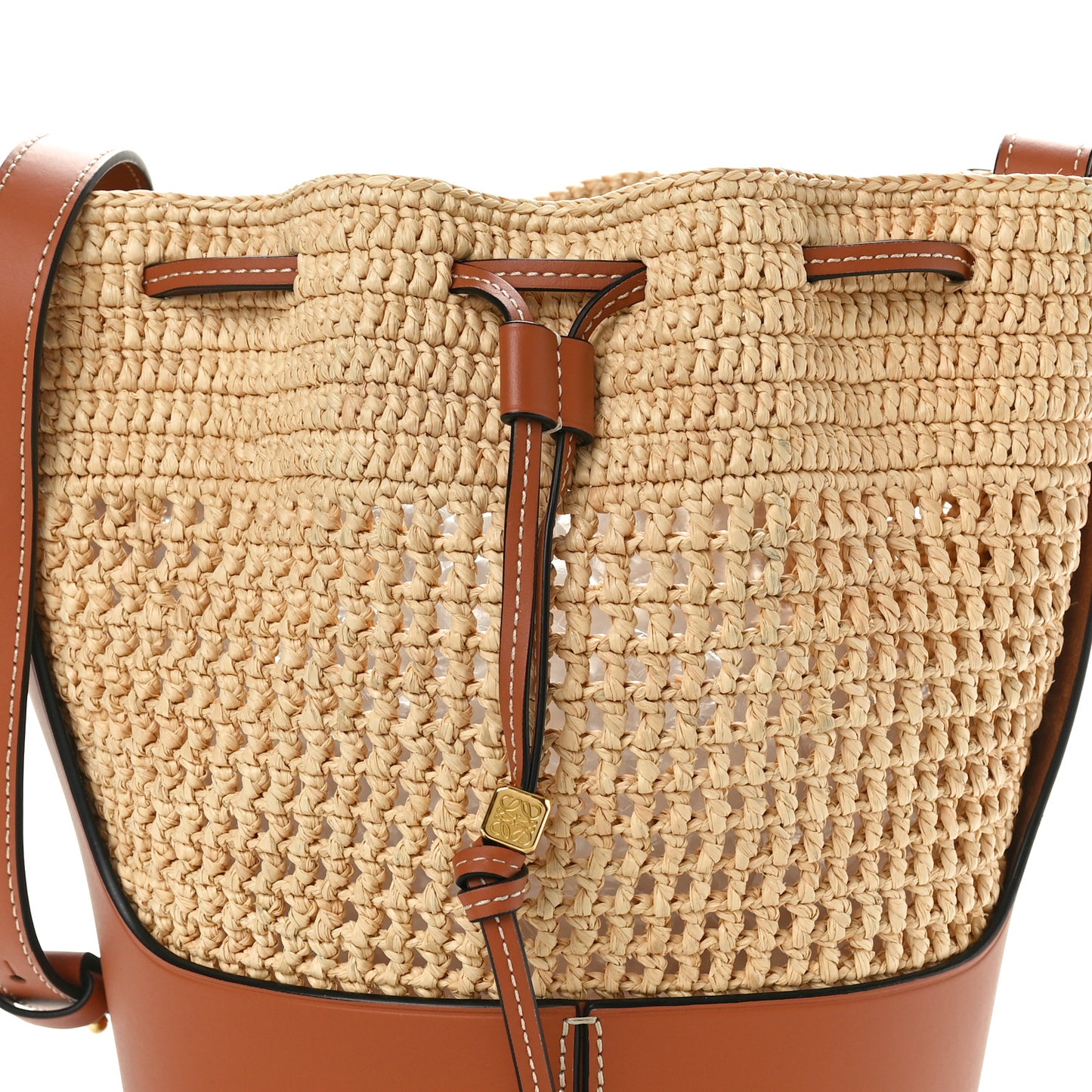 Raffia Calfskin Balloon Bucket Bag Natural Tan