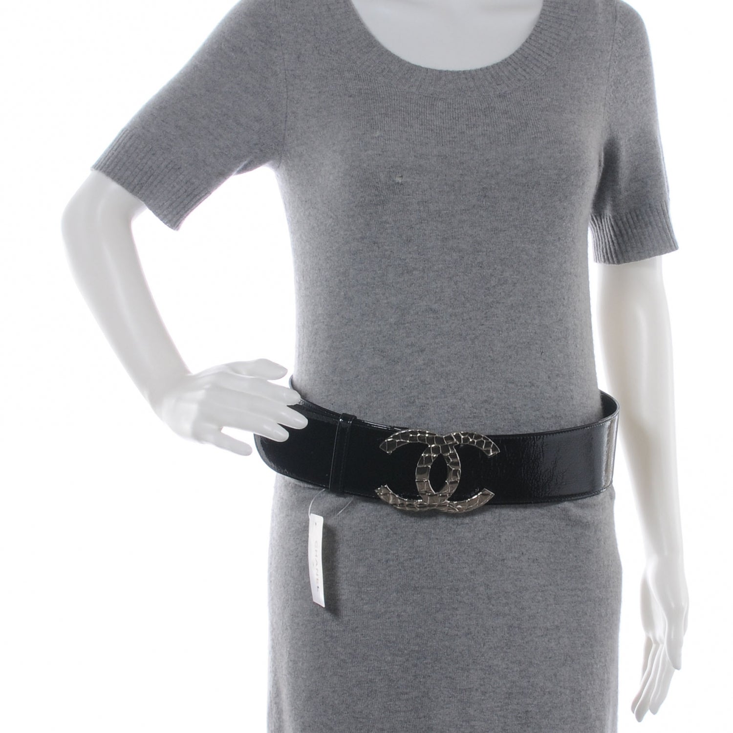 Chanel Patent Leather Silver CC Buckle Wide Belt 90 36 Black 2 of 5