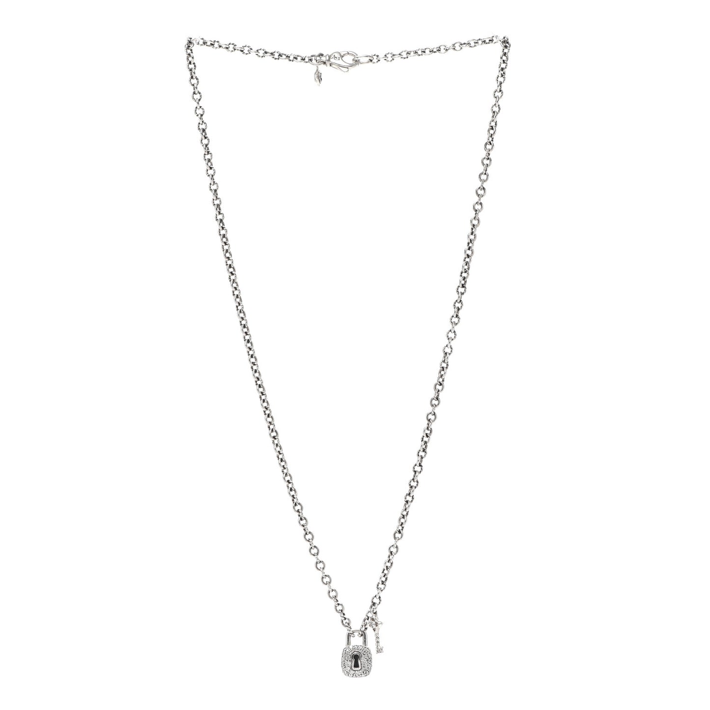 Sterling Silver Diamond Cable Collectibles Lock and Key Charm Pendant Necklace