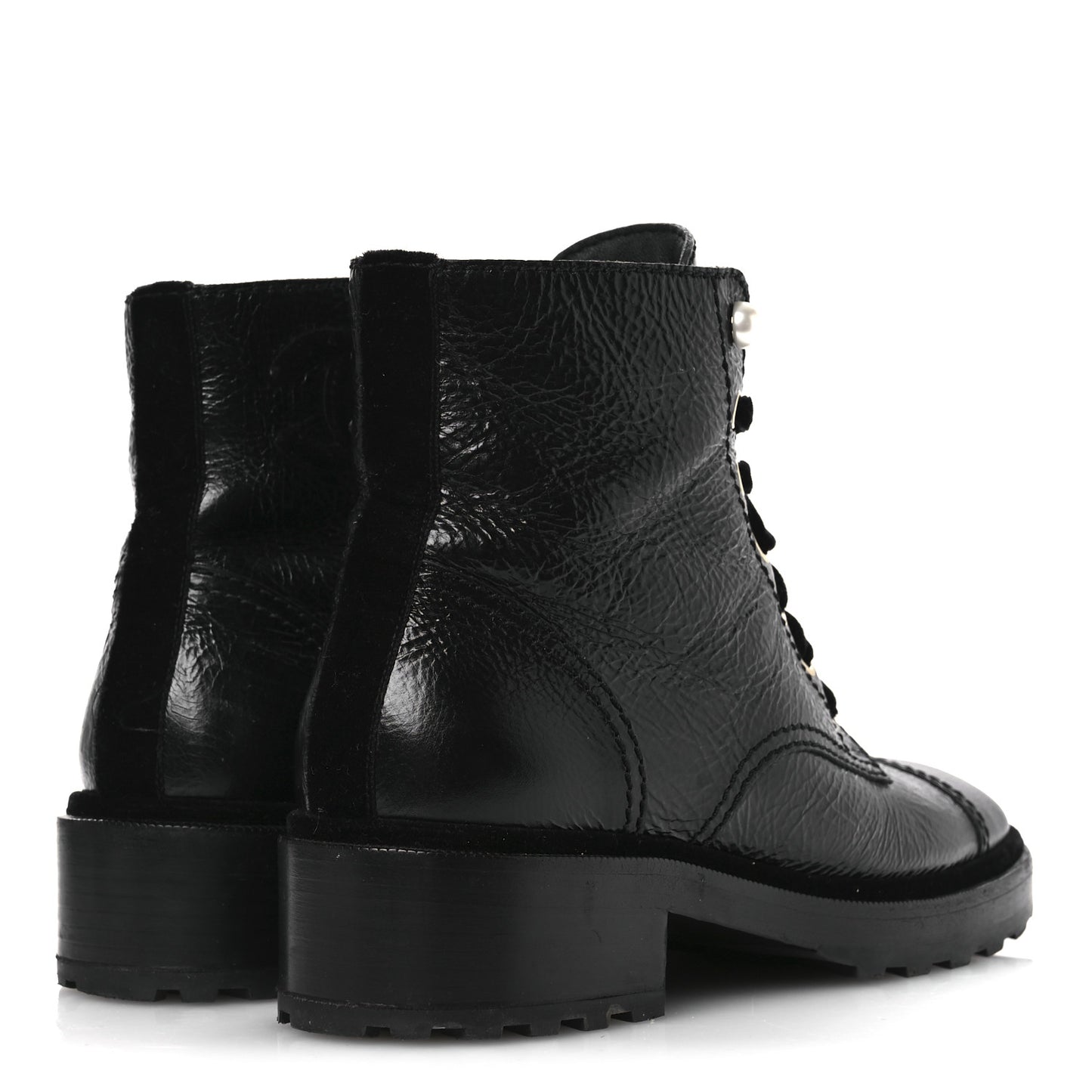 Shiny Calfskin Velvet Pearl Combat Short Boots 41 Black
