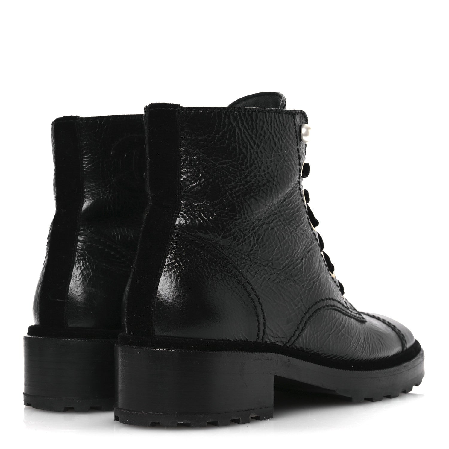 Chanel Shiny Calfskin Velvet Pearl Combat Short Boots 41 Black 5 of 14