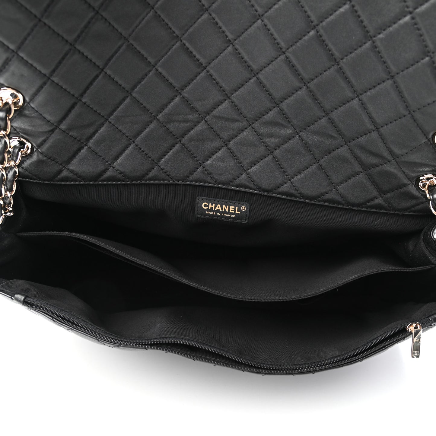 Metallized Calfskin Quilted XXL Travel Flap Bag Black