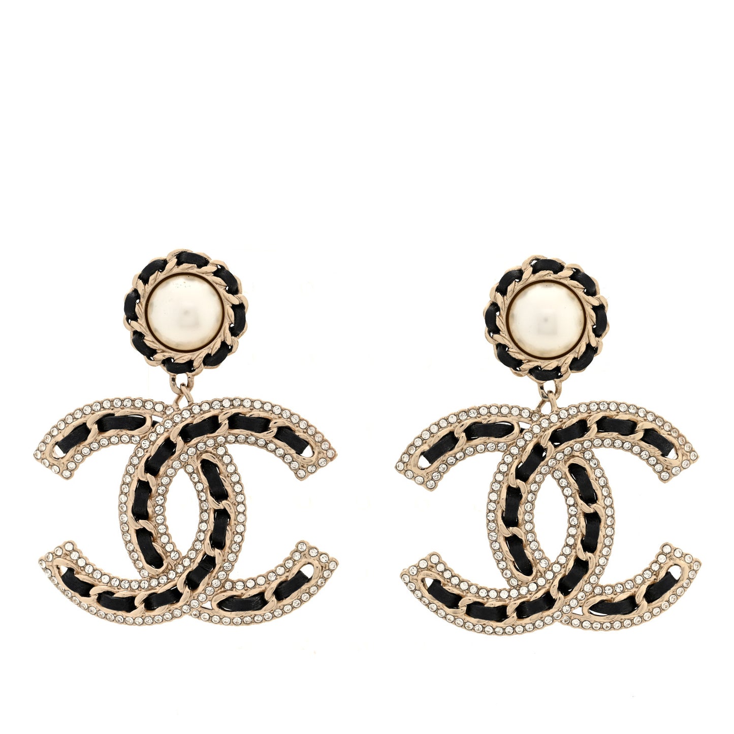 Pearl Lambskin Crystal Chain CC Drop Earrings Black Gold
