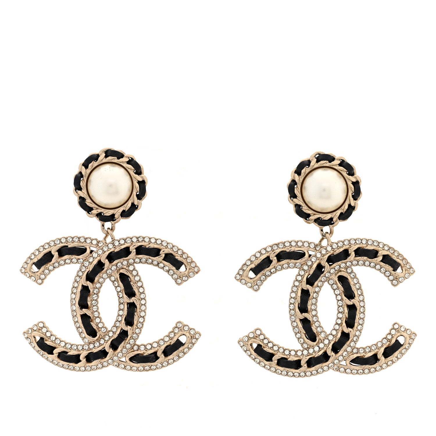 Chanel Pearl Lambskin Crystal Chain CC Drop Earrings Black Gold 1 of 5