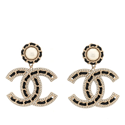 Chanel Pearl Lambskin Crystal Chain CC Drop Earrings Black Gold 1 of 5