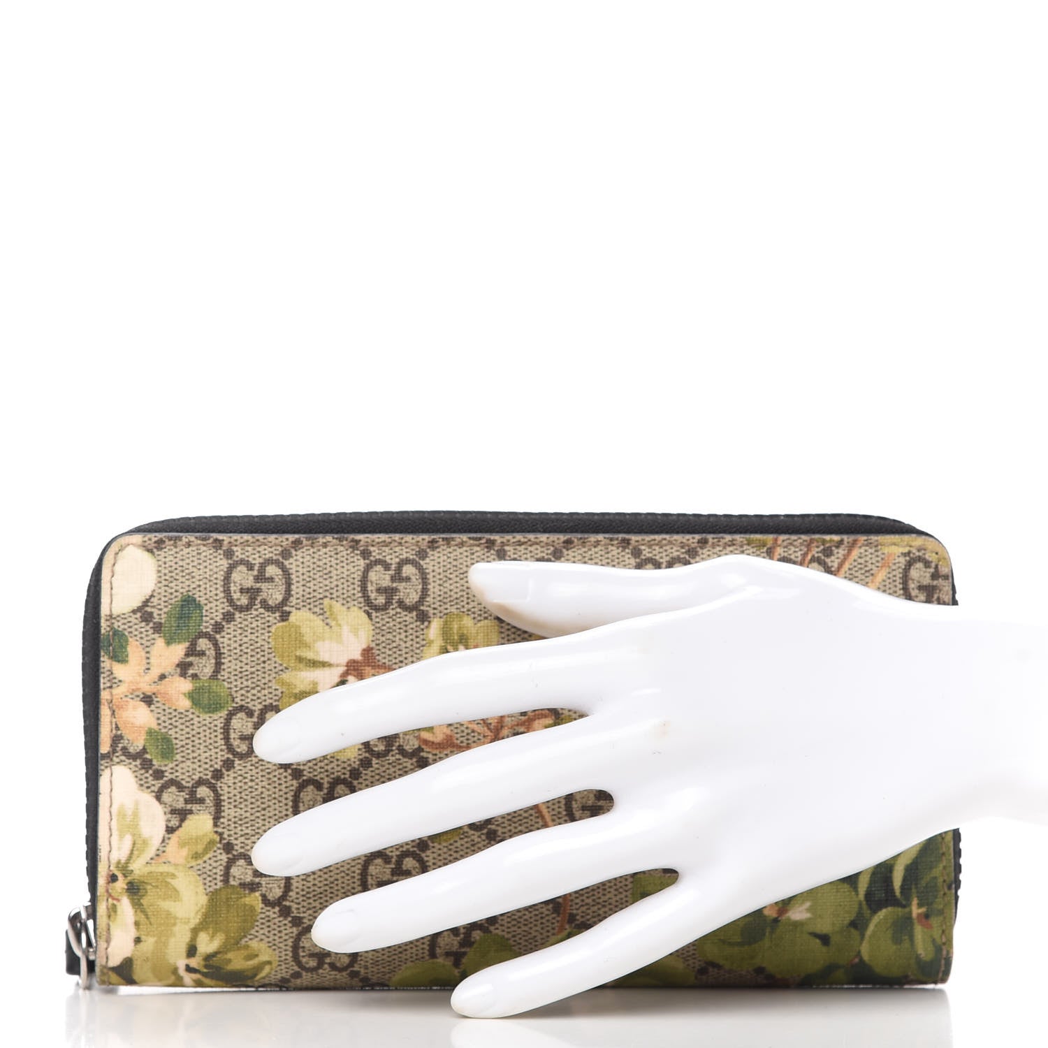 Gucci GG Supreme Monogram Blooms Zip Around Wallet Beige New Military Black 2 of 7
