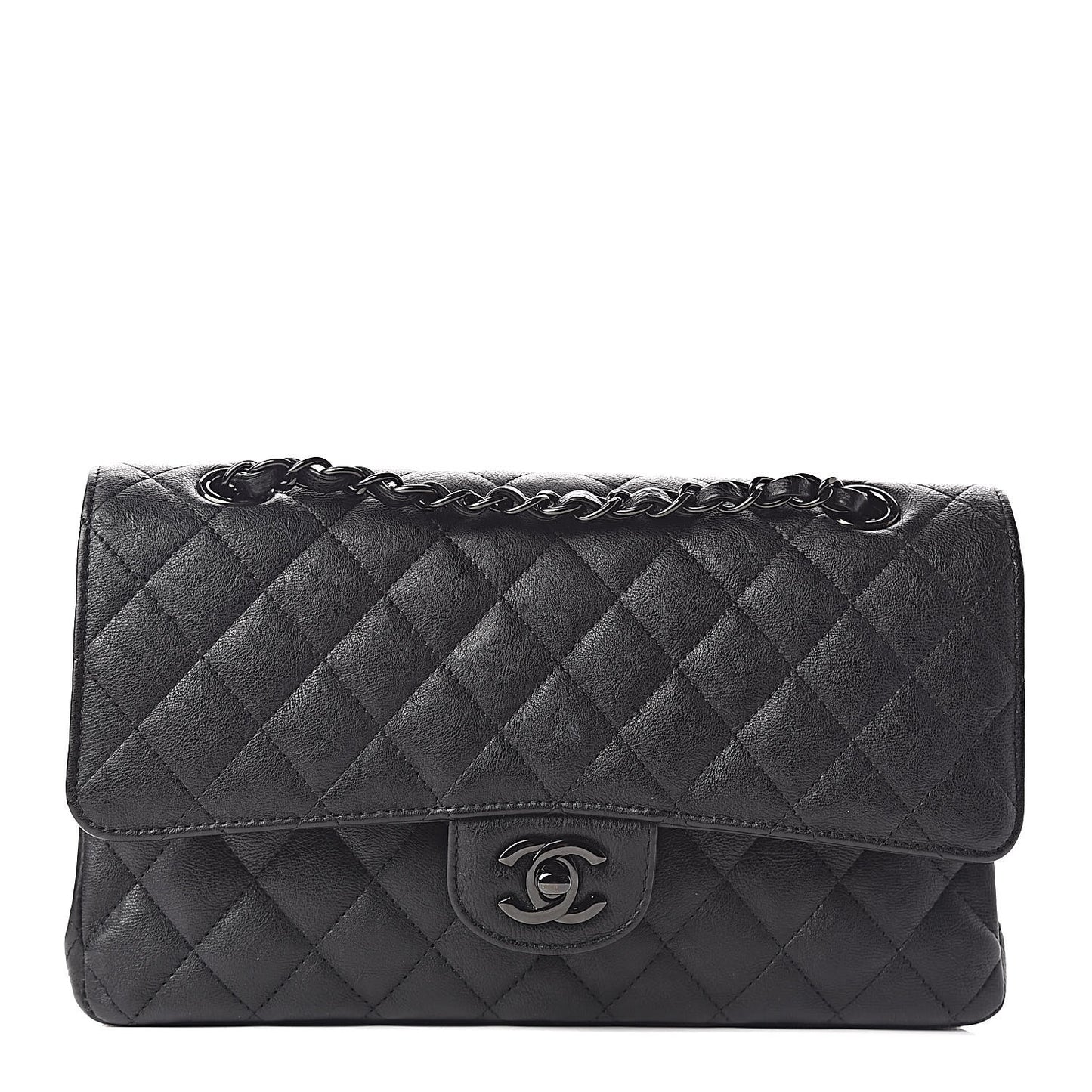 Crumpled Calfskin Quilted Medium Double Flap So Black